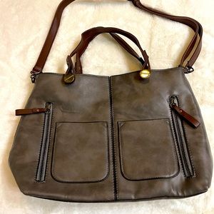 👜Vegan PU Leather Grey with Brown TrimTote/Crossbody Bag NWOT S/M size.